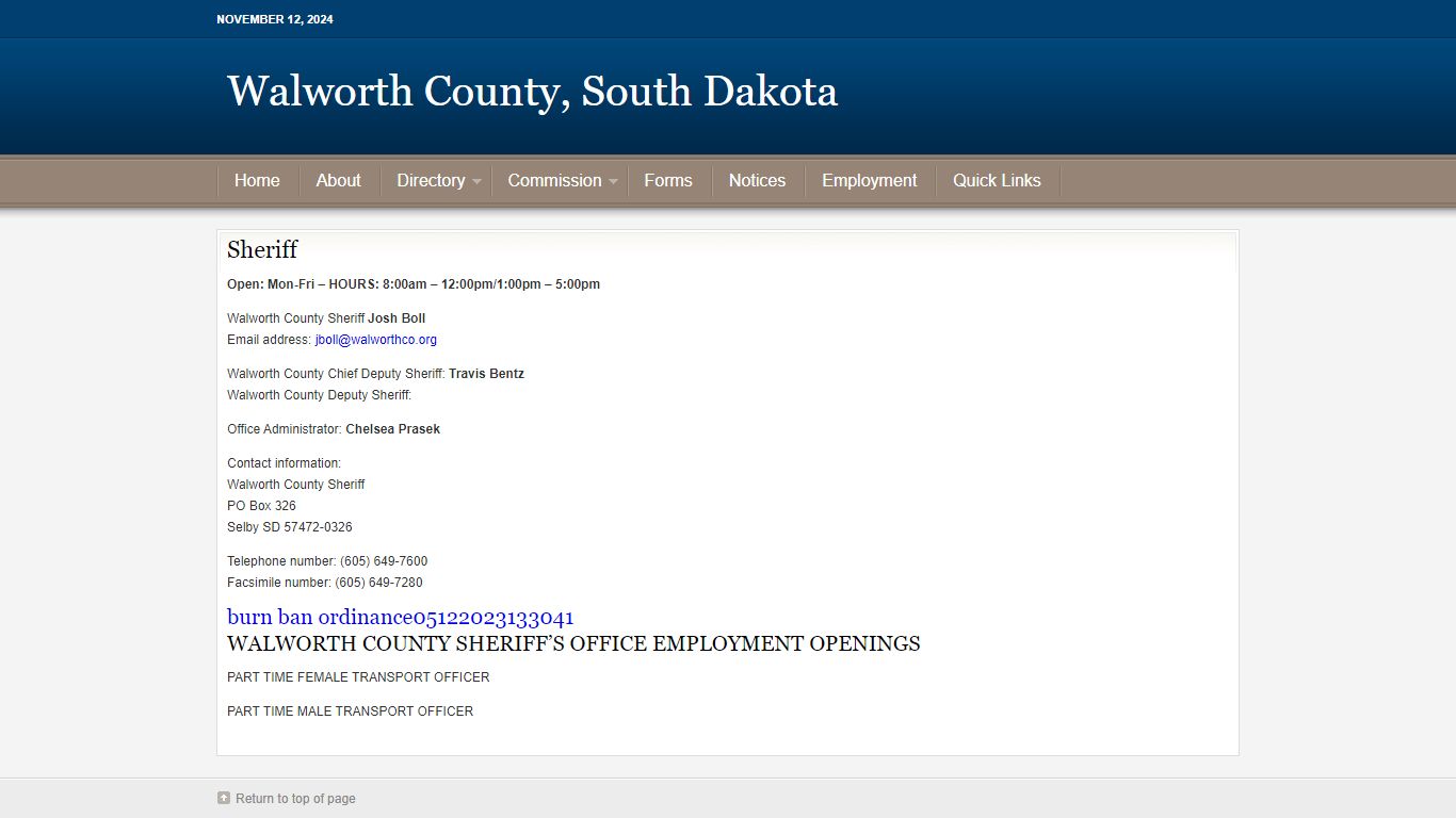 Sheriff - Walworth County, South Dakota